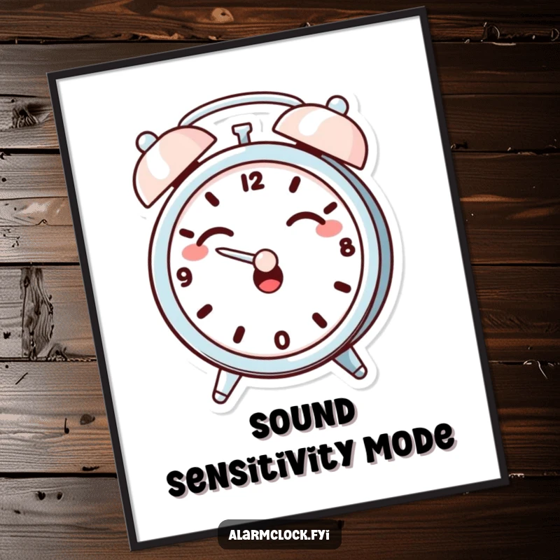Funny digital art print of a giggling alarm clock character dramatically covering its ears, ideal for humorous wall art.