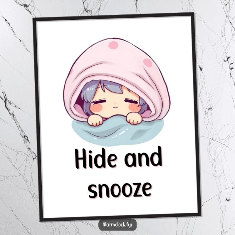 Funny digital art print of a character groggily peeking from under a blanket, adding instant humor and personality to any space.