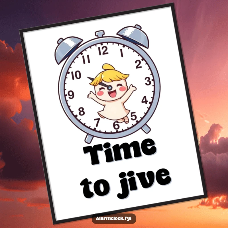 Funny digital art print of a joyful character dancing next to buzzing clock hands, a humorous celebration of enjoying time.