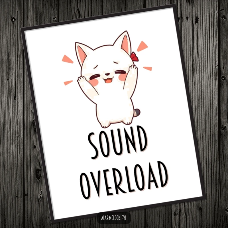 Funny digital art print of a blushing character covering its ears from a loud alarm, symbolizing a humorous aversion to sudden noise.