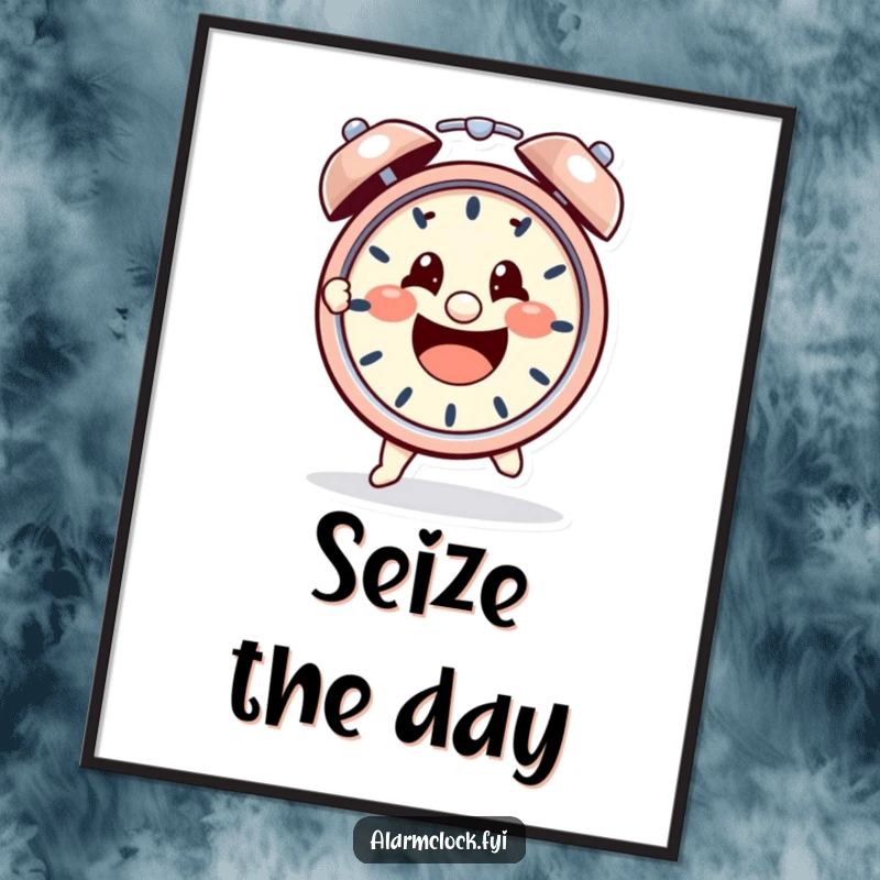 Funny digital art print of a cheerful character heroically grabbing a ringing alarm clock with a determined grip, embodying morning success.