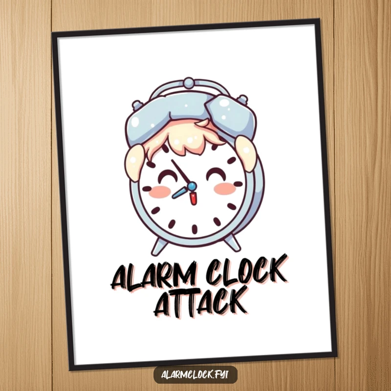 Funny digital art print of a surprised character holding a pillow over their head as an alarm clock chimes.
