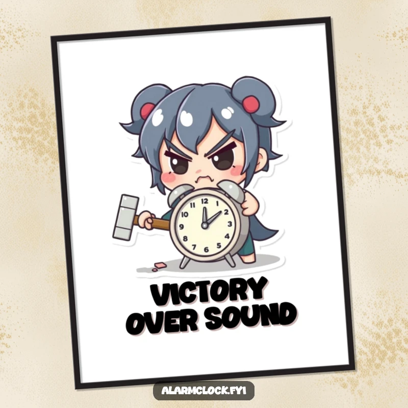 Funny digital art print of a determined character smashing a tiny alarm clock with a hammer, perfect for humorous home decor.