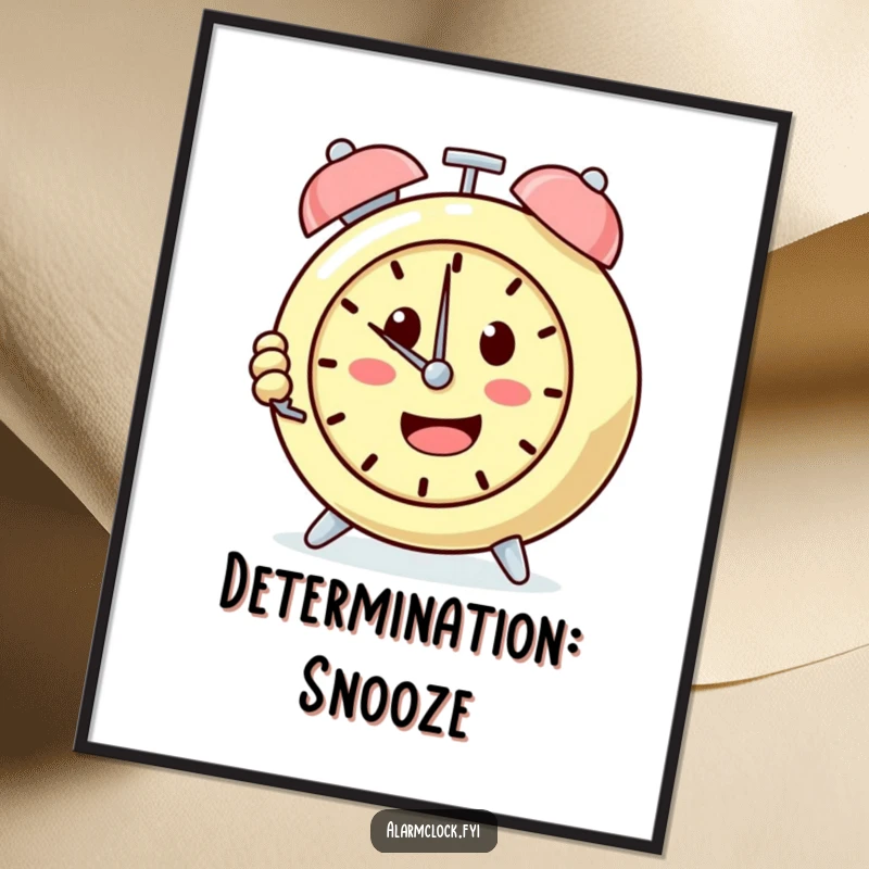 Funny digital art print of a determined alarm clock character repeatedly pushing the snooze button, celebrating the art of sleeping in.