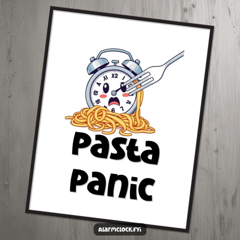 Funny digital art print of a spaghetti-covered alarm clock escaping a fork, ideal for humorous kitchen decor.