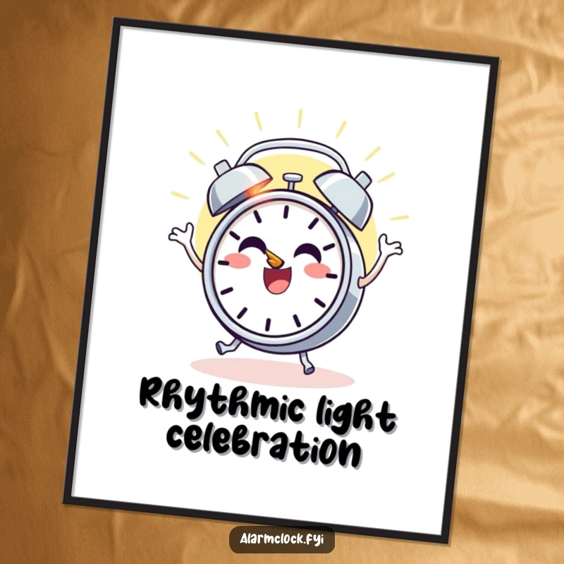 Funny digital art print of a cheerful alarm clock character dancing with joy as the sun rises, ideal for humorous wall art.