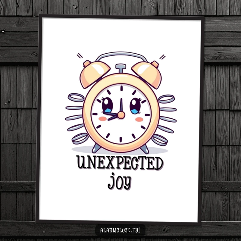 Funny digital art print of an alarm clock with erupting springs, looking comically surprised, perfect for instant, humorous decor.