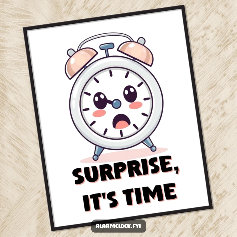 Funny digital art print of a loud-ringing alarm clock character with a surprised face, depicting the shock of waking up.