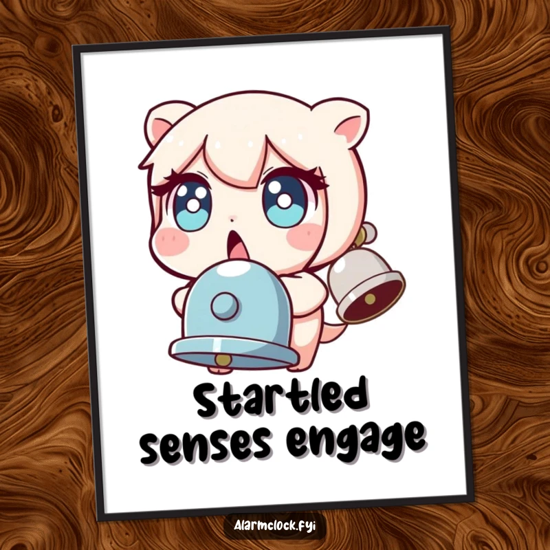 Funny digital art print of a character with wide, startled eyes, jolted by a ringing bell, capturing comical surprise.