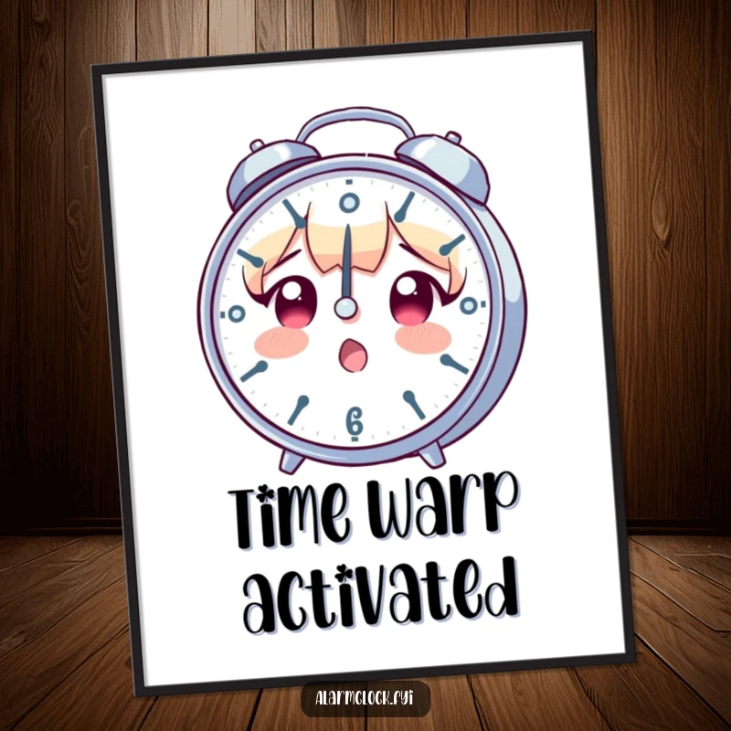 Funny digital art print of a character with a shocked expression, fixated on a rapidly spinning clock, conveying humorous time pressure.