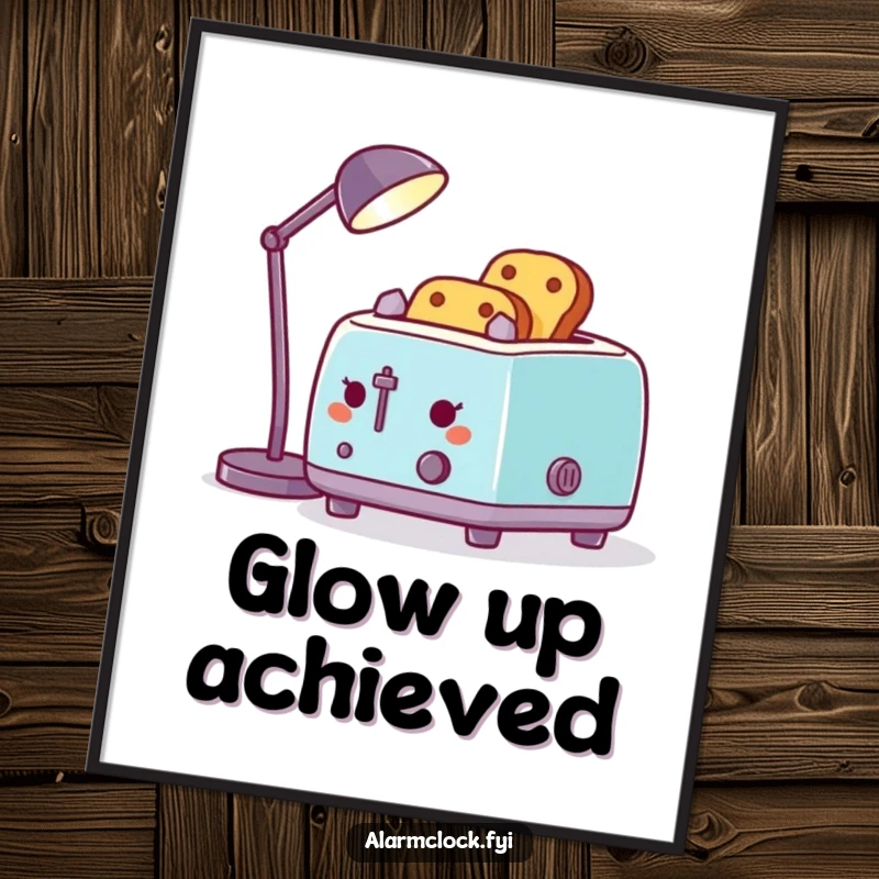 Funny digital art print of a toaster trying to toast bread with a desk lamp, a high-resolution humorous graphic download.