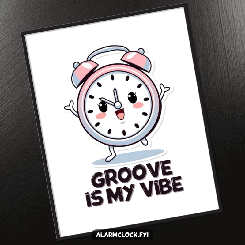 Funny digital art print of a cheerful alarm clock character with tiny legs joyfully dancing, ideal for adding instant cheer to any room.