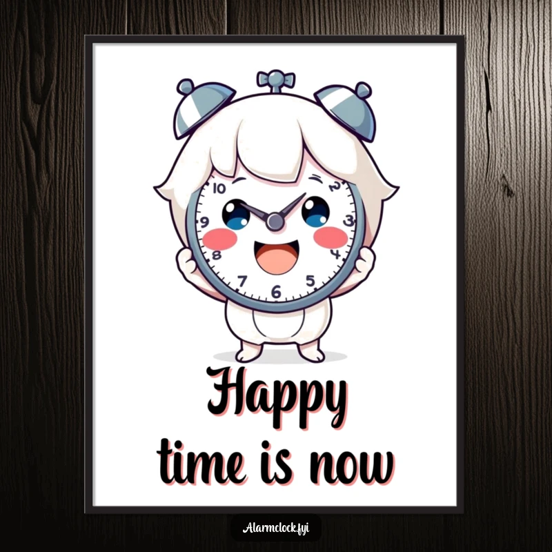 Funny digital art print of a cheerful character holding a clock face, symbolizing happiness and good times. A great funny gift.