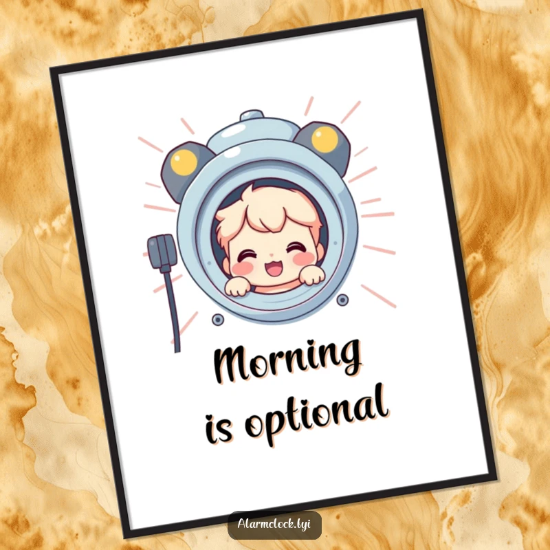 Funny digital art print of a smiling character peeking from behind a giant, blaring alarm clock, creating a whimsical and playful morning scene.