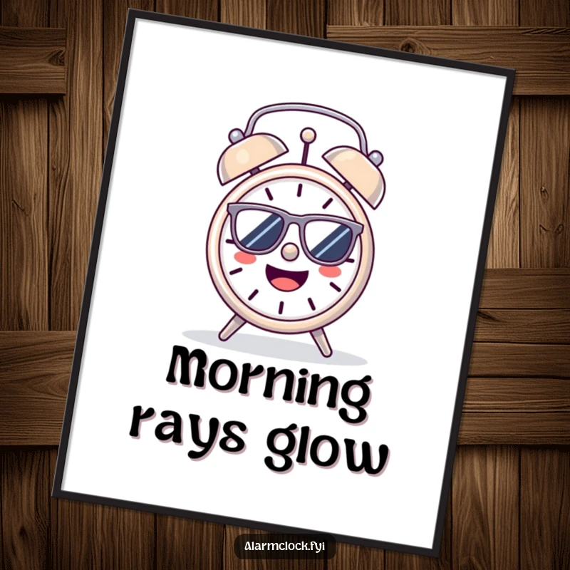 Funny Digital Art: A cheerful alarm clock wearing sunglasses, basking in the morning sun, radiating happiness.