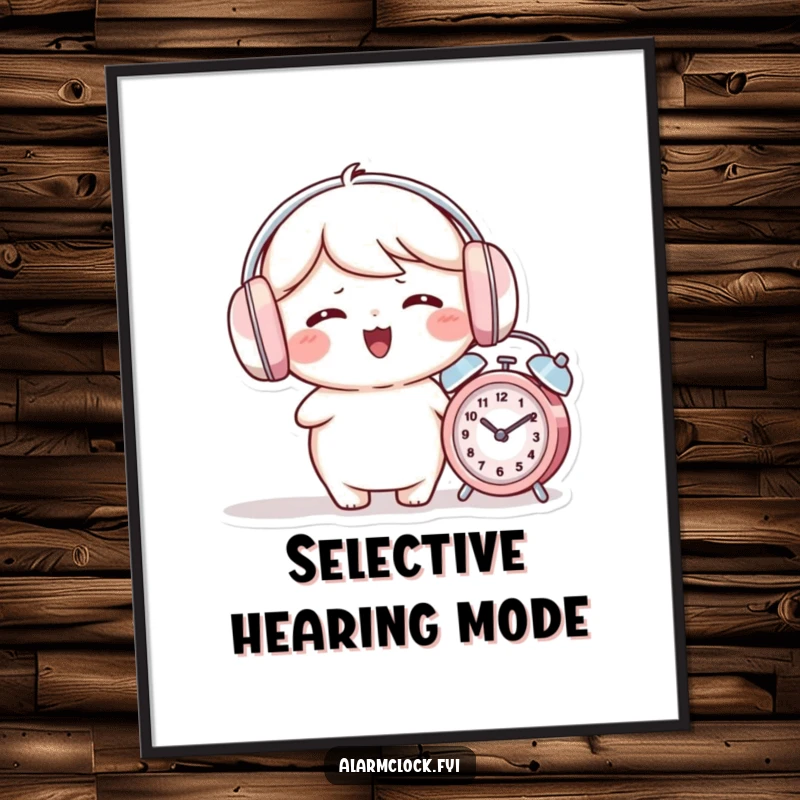 Funny digital art print of a giggling character wearing earmuffs while an alarm clock rings nearby.