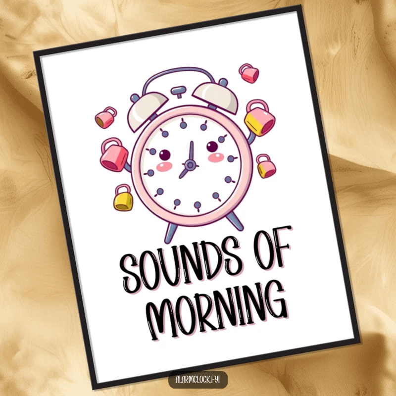 Funny Digital Art: A dynamic alarm clock character humorously juggling colorful bells, perfect for vibrant decor.