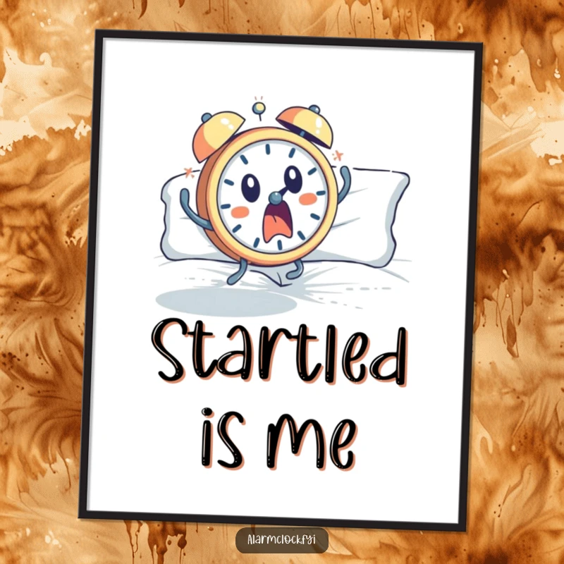 Funny digital art print of a startled alarm clock character leaping energetically from bed, conveying intense morning surprise and humor.