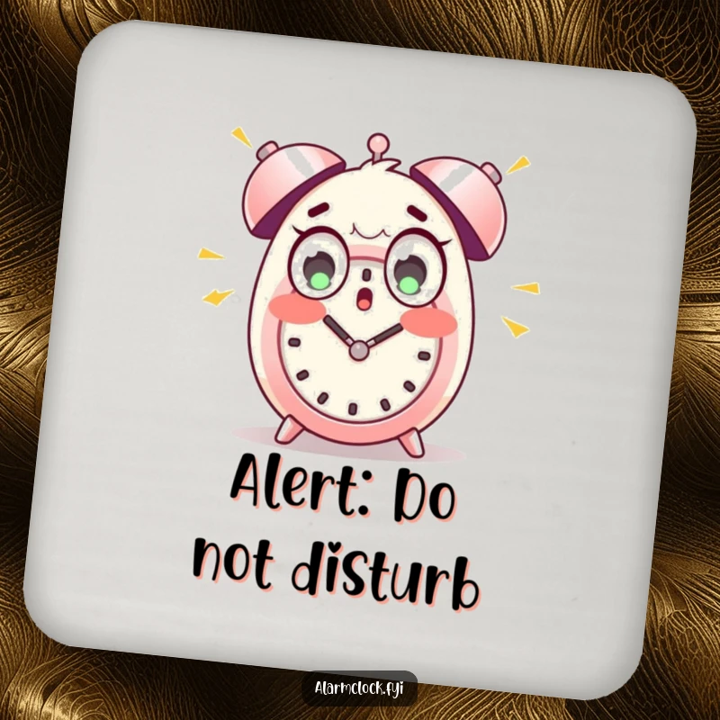 Funny drink coaster with a wide-eyed character startled by loud alarm clock bells, adding humor to any surface.