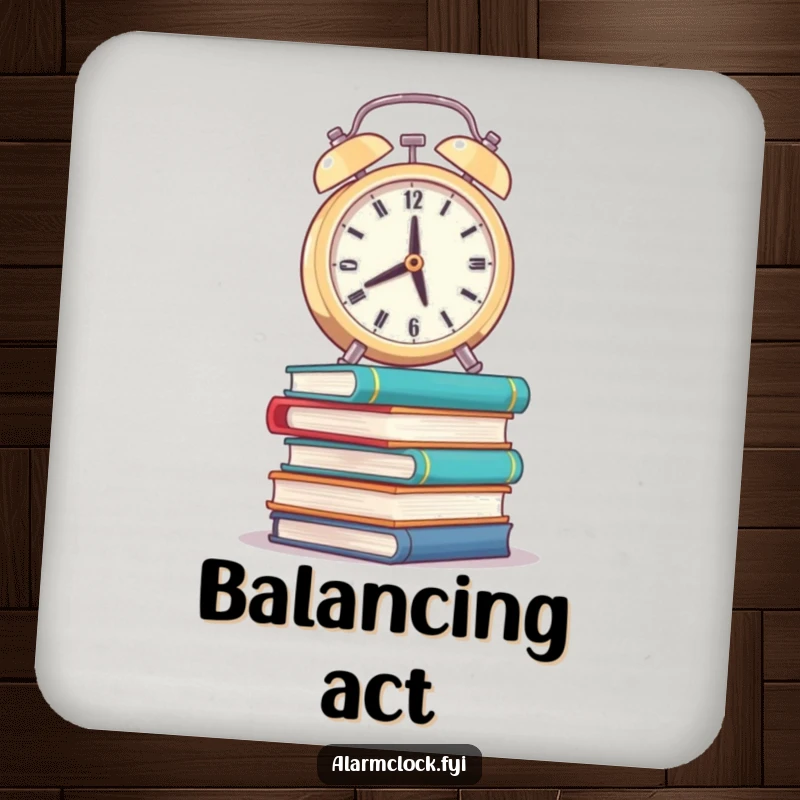 Funny coaster featuring a weary alarm clock balancing on wobbly books, adding humorous decor.
