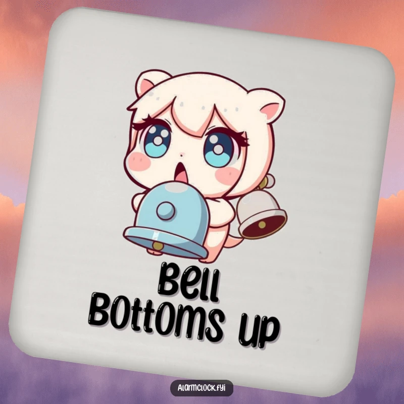 Funny drink coaster with a character's wide-eyed, startled reaction to a bell, perfect for protecting surfaces humorously.