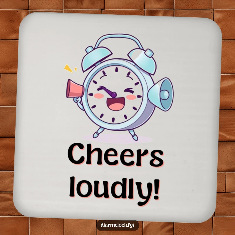 Funny Coaster: A determined alarm clock shouting greetings through a megaphone, adding a fun touch.