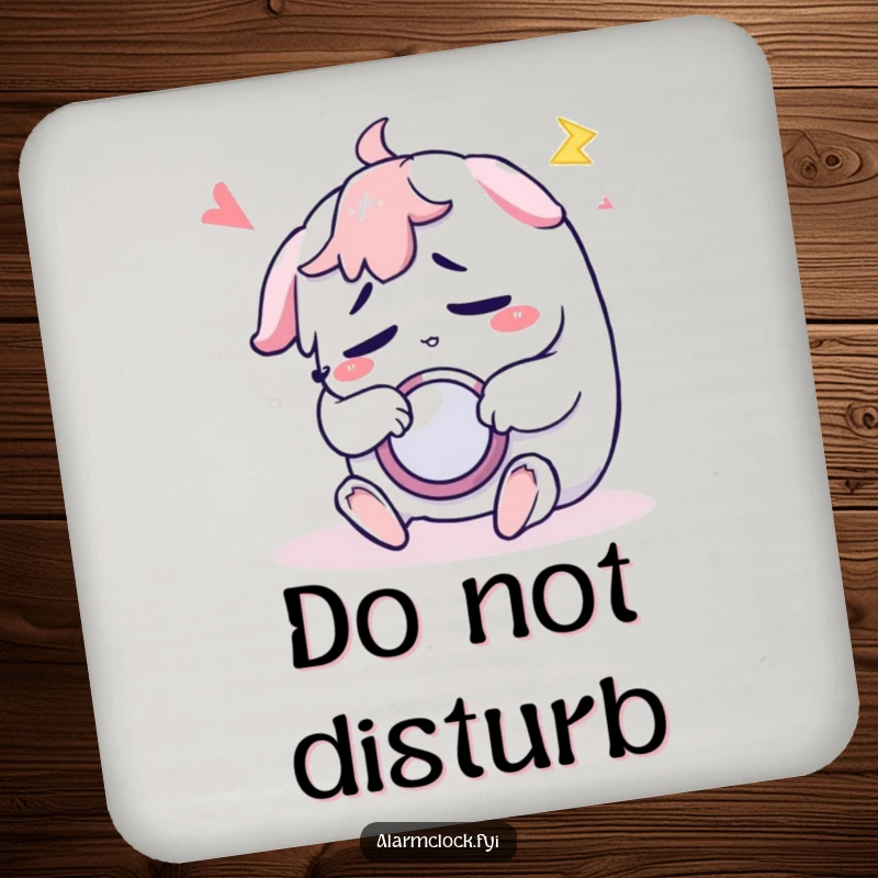 Funny drink coaster featuring a sleepy character hitting the snooze button, a humorous accessory for tables.