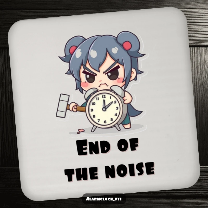Funny drink coaster with a determined character smashing a tiny alarm clock with a hammer, adding humor to any surface.