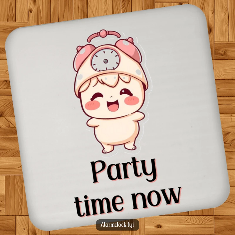 Funny drink coaster with a giggling character wearing an alarm clock hat, a humorous addition to any table.