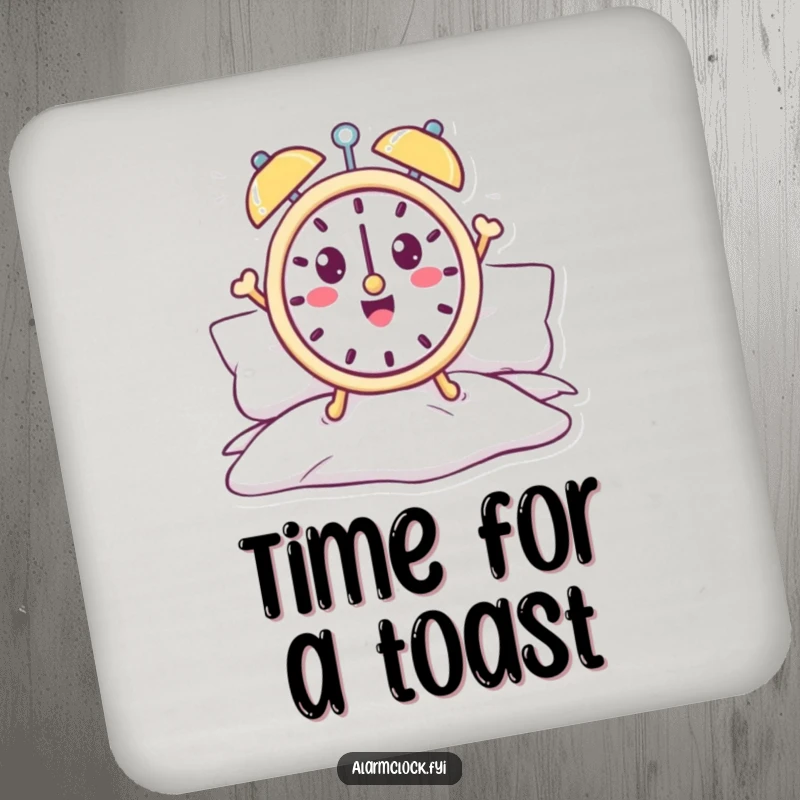Funny alarm clock coasters featuring a cheerful character jumping out of bed, adding flair to tables.