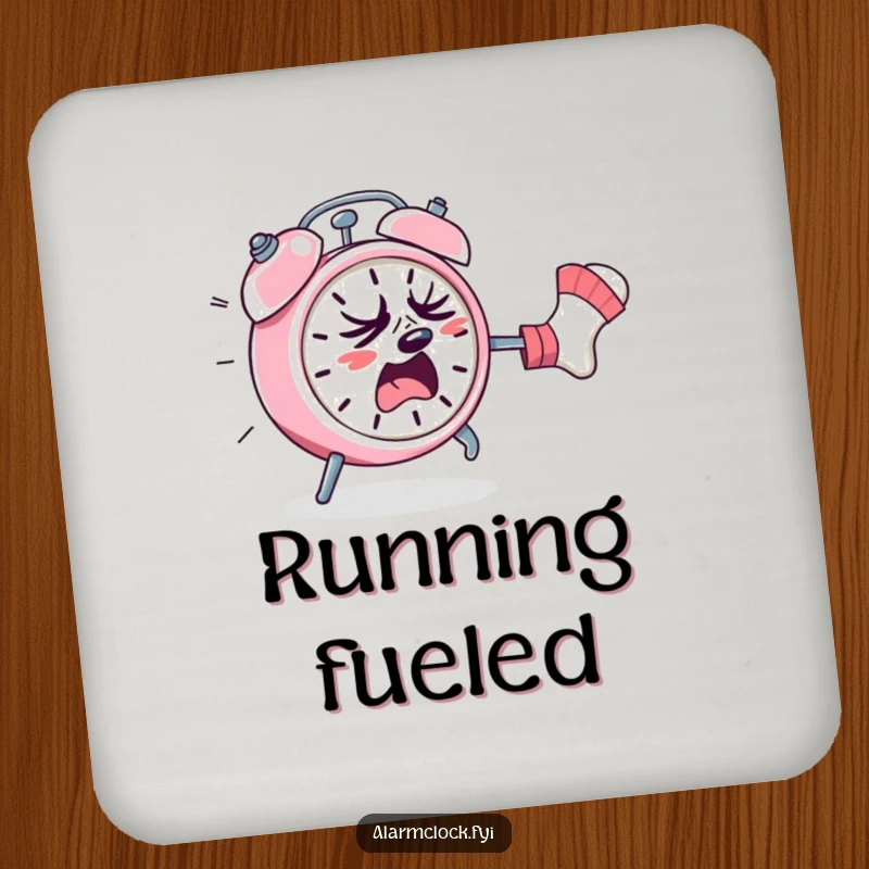 Funny drink coasters depicting a sweating alarm clock fleeing a rogue sock, providing humorous protection for furniture.