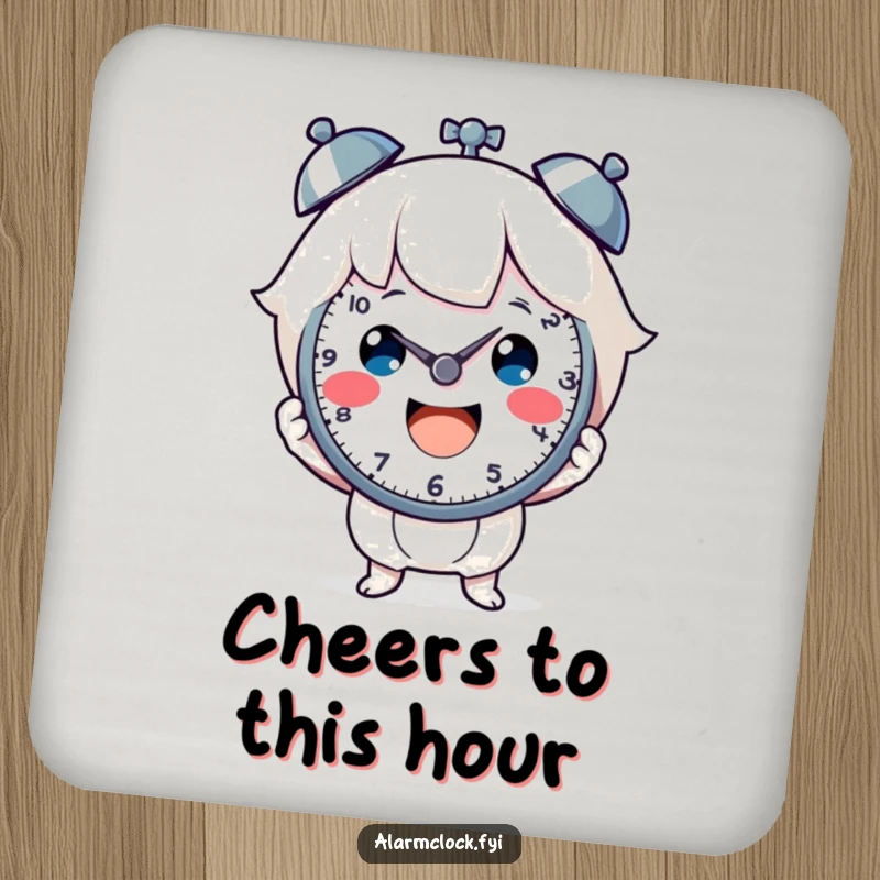 Funny drink coaster with a cheerful character holding a clock face, adding joy to your tables. Ideal funny gift.