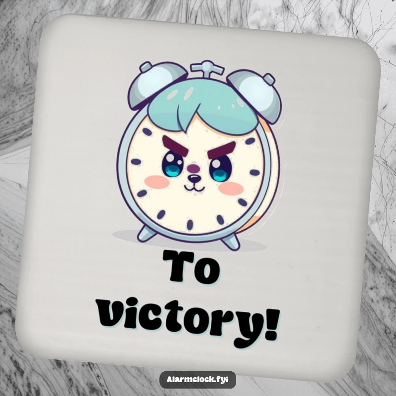 Funny drink coaster set depicting a character with a determined smile facing an alarm clock, adding humor and motivation to surfaces.