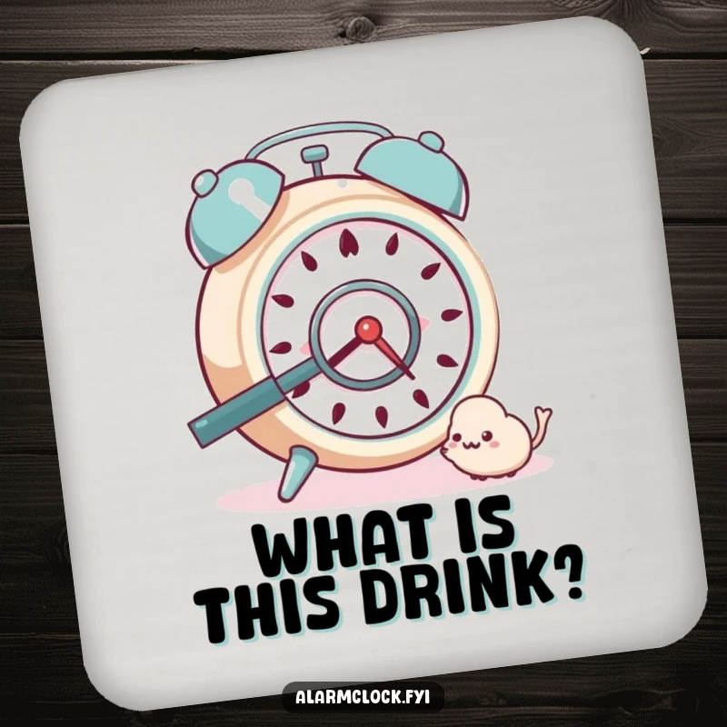 Funny Coaster: A curious alarm clock with a magnifying glass, inspecting a tiny dust bunny with focus.