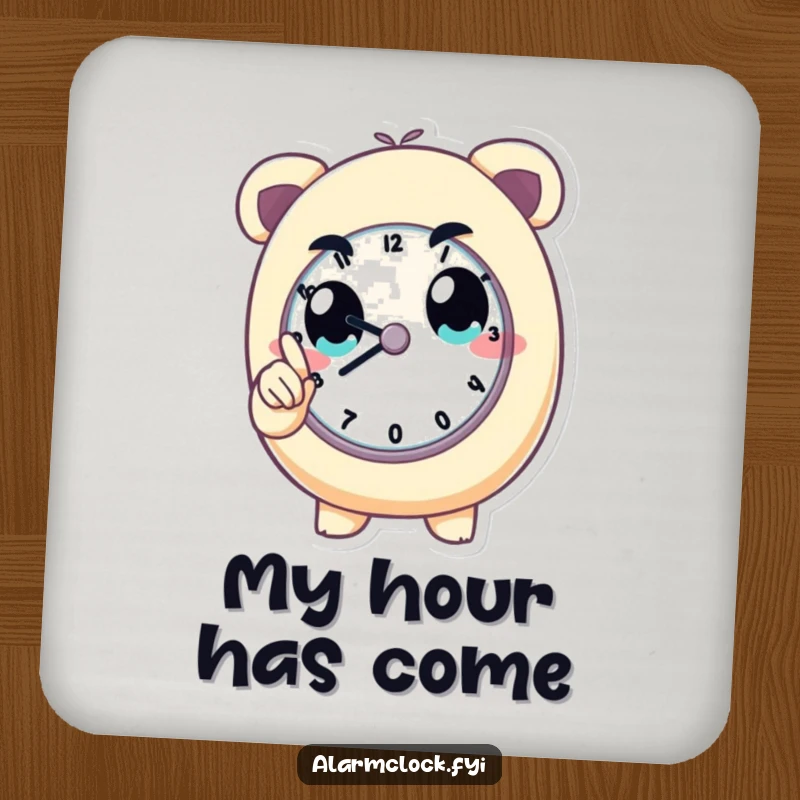 Funny drink coaster with a determined character pointing at a clock, adding a touch of punctuality to your decor. Ideal funny gift.
