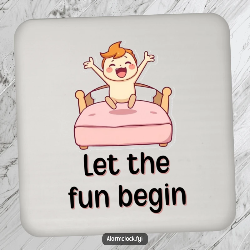 Funny coaster with a character energetically jumping from a bed, bringing a lively and humorous touch to drink service.