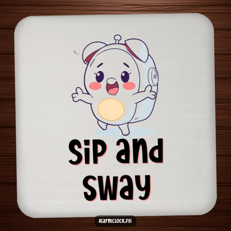 Funny drink coaster with a happy character dancing to an alarm clock's ring, ideal for humorous surface protection.