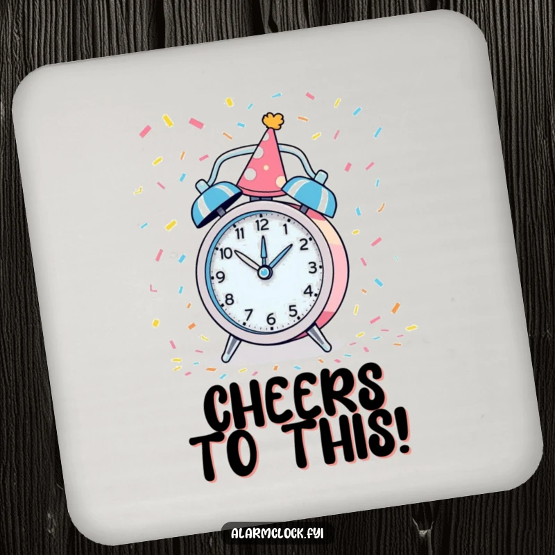 Funny coaster featuring a party alarm clock spinning with confetti, adding humorous decor to tables.