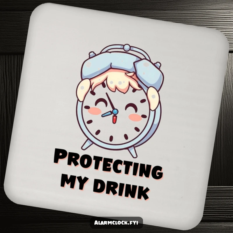 Funny drink coaster featuring a surprised character holding a pillow over their head as an alarm clock chimes.