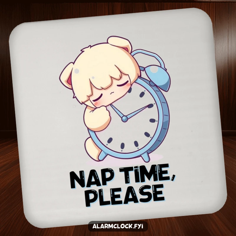 Funny drink coaster featuring a sleeping character hugging an alarm clock tightly, a humorous symbol of comfort.