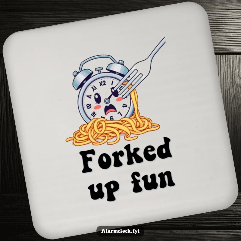Funny coaster featuring a spaghetti-covered alarm clock escaping a fork, adding humorous kitchen decor.