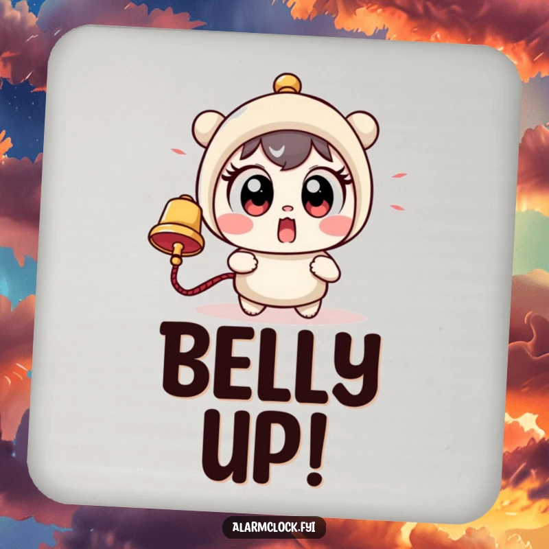 Funny coaster image of a cute character with wide, startled eyes jumping from a loud bell, protecting surfaces humorously.