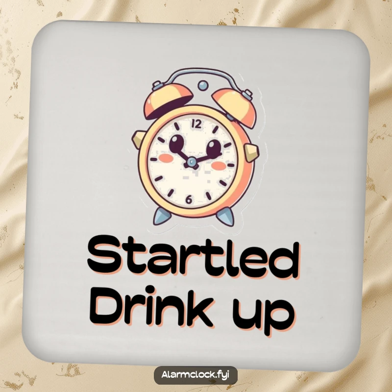 Funny drink coaster featuring a cute alarm clock character leaping out of a bell with a surprised expression, perfect for humorous table protection.