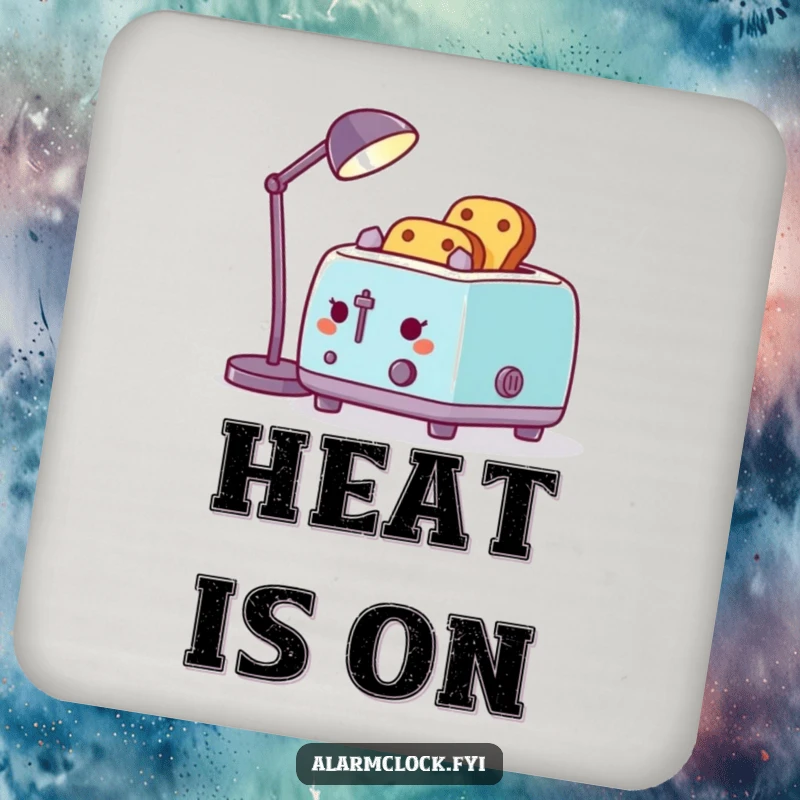 Funny drink coaster showcasing a toaster toasting bread with a desk lamp, a humorous and practical addition to any table.