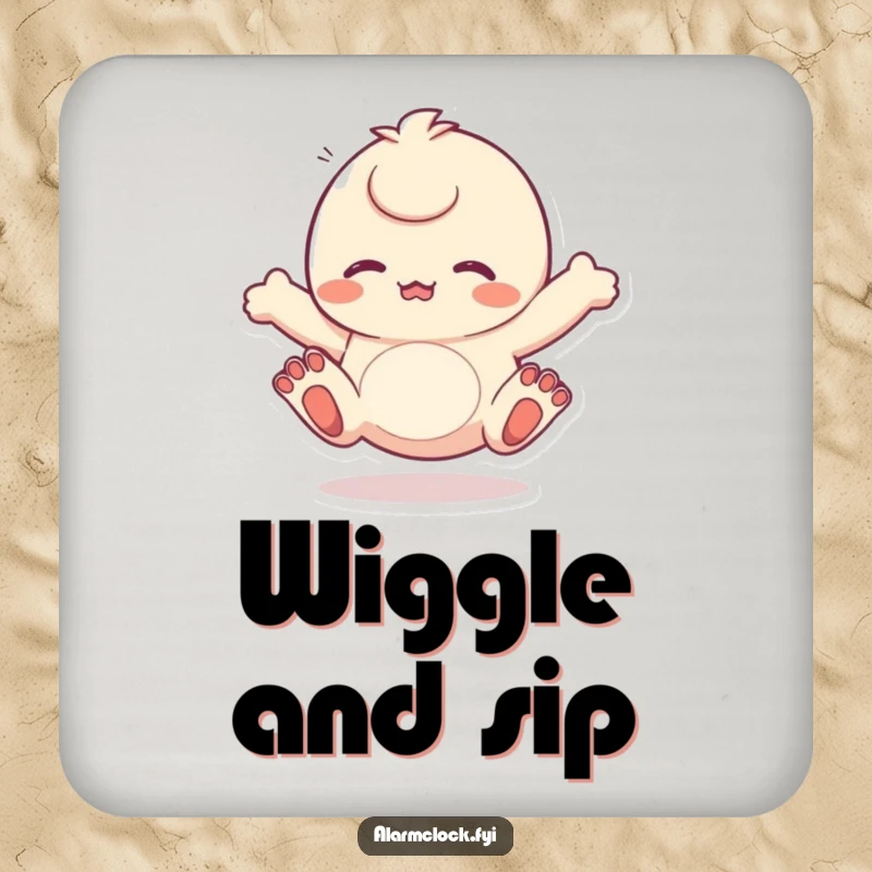 Funny drink coaster with a character energetically wiggling its toes, adding a touch of playful decor. Ideal funny gift.