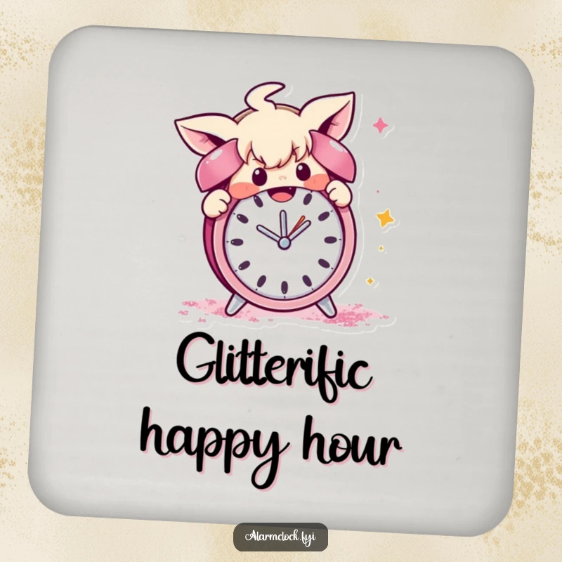 Funny drink coaster set depicting a mischievous character showering an alarm clock with glitter, adding humor and sparkle to surfaces.