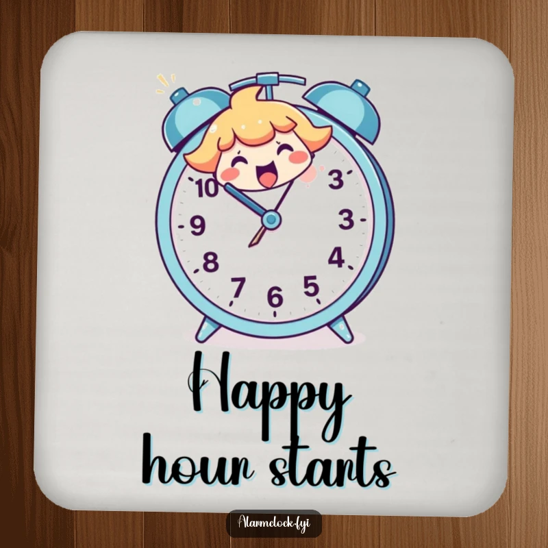 Funny coaster image of a character smashing a large, cartoon alarm clock, humorously protecting surfaces from morning rage.