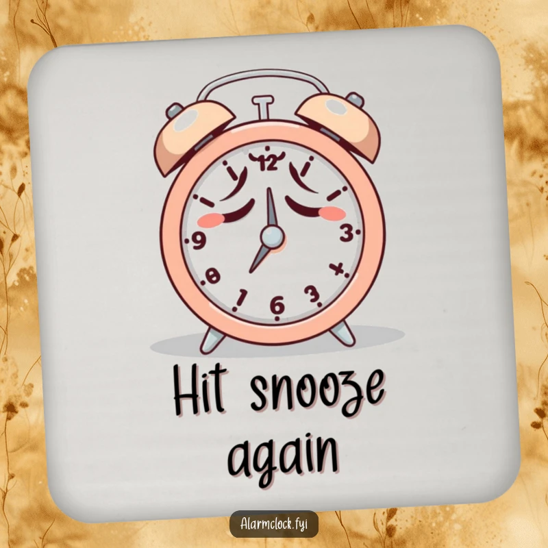 Funny drink coaster with a tired character reluctantly hitting snooze on an alarm clock, for surface protection.