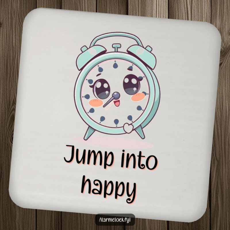 Funny drink coaster featuring a character with wide eyes, comically jumping away from a ringing alarm clock.