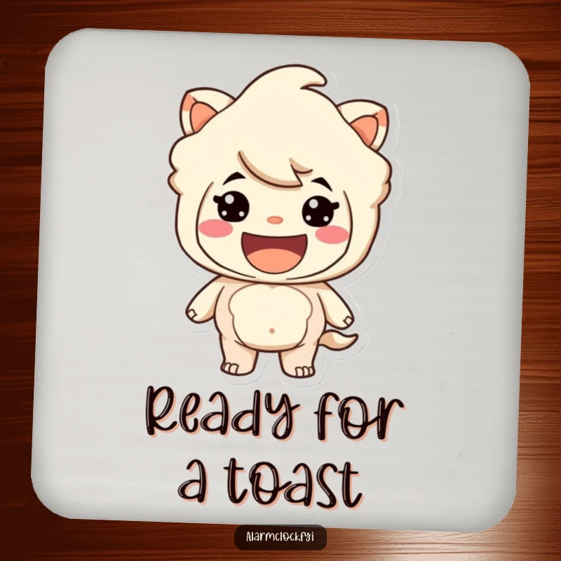 Funny drink coaster with a grinning character looking ready for adventure, adding excitement. Ideal funny gift.